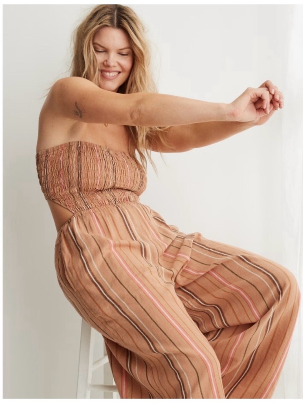aerie XL Boho Strapless Smocked Wide-Leg Striped Linen Blend Jumpsuit Vacation - Picture 2 of 10